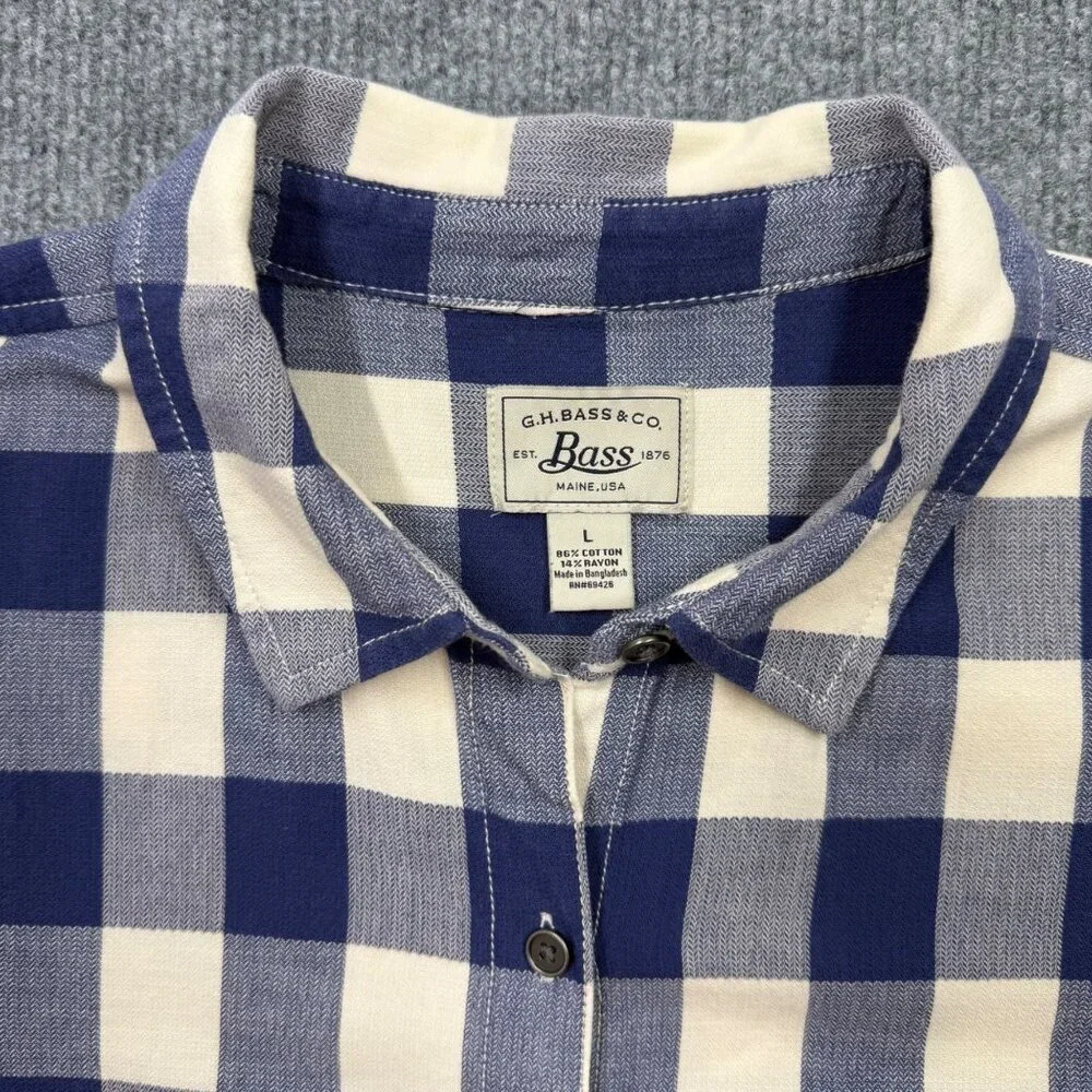 GH Bass Gingham Plaid Shirt Dress Blue White Womens L Preppy Nautical‎ Normcore